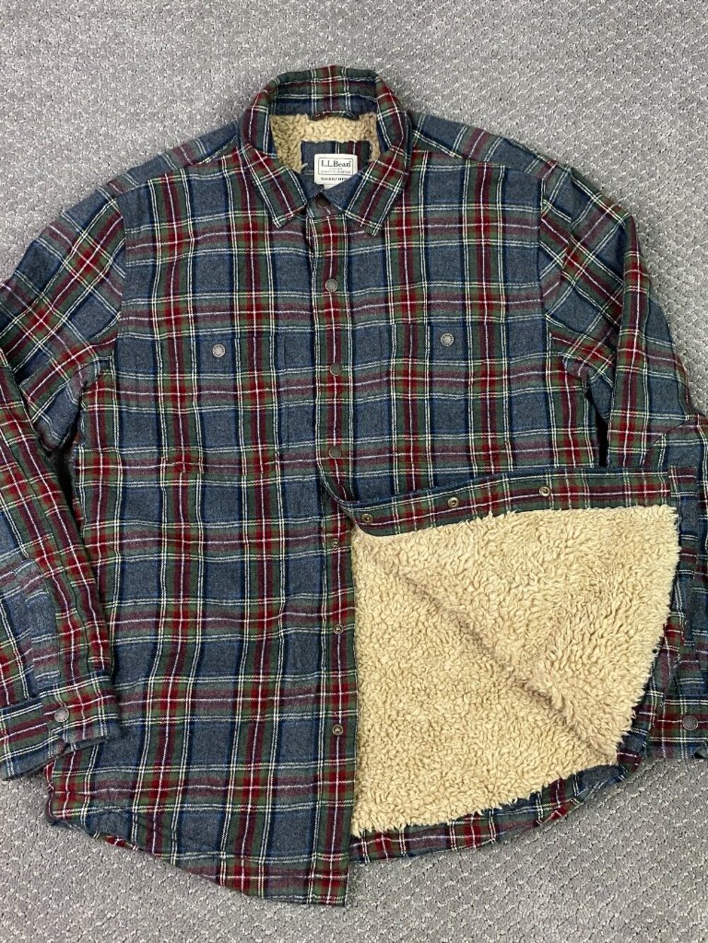 LL Bean Sherpa Lined Scotch Plaid Flannel Shirt Jacket Shacket Mens Small Snap